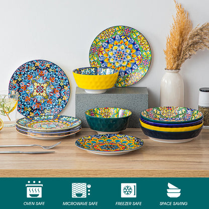 Boho Stoneware Dinnerware Set for 6 | Ceramic Plates & Bowls | 12, 16, 18 or 24 Pieces