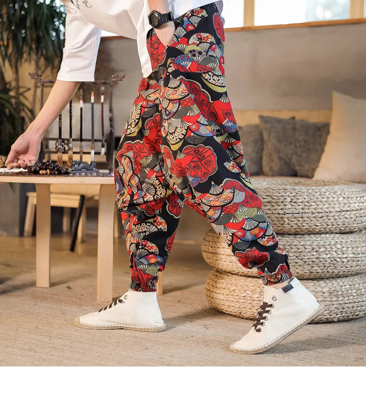 Men Harem Pants Print Retro Drop Crotch Joggers Trousers Men Baggy Loose Nepal Style Men Casual Pants M-5Xl