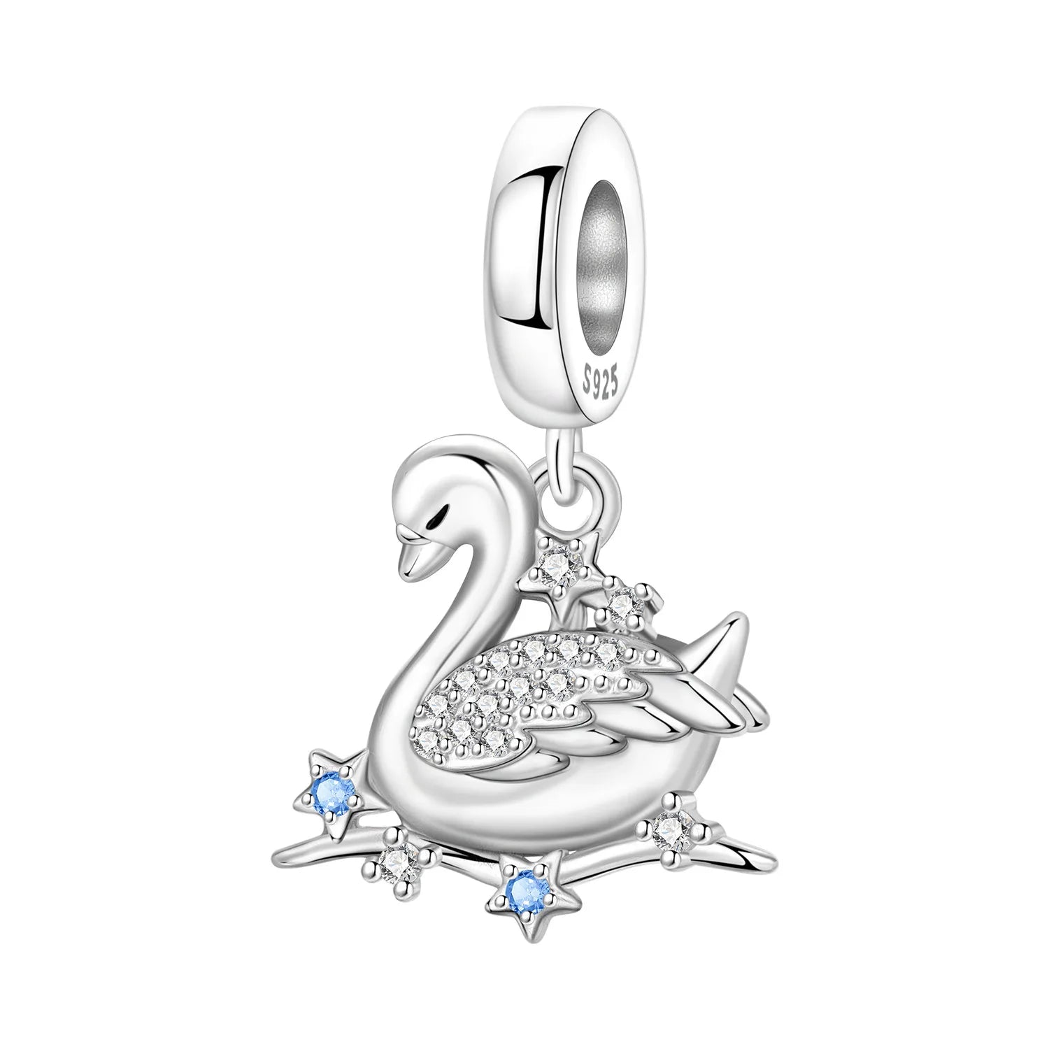 Silver swan charm with gemstones on a white background