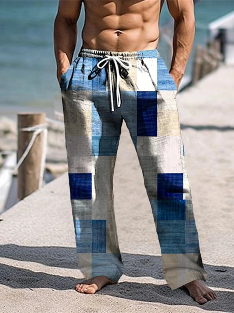 Men's Trousers Summer Pants Beach Pants Drawstring Elastic Waist 3D Print Color Block Geometric Graphic Prints Casual Pants