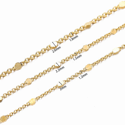 Gold chains of different thicknesses with labeled diameters on a white background
