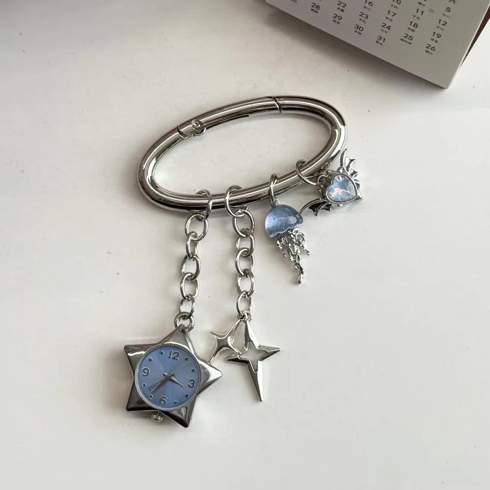 Heart Watch Bag Charm | Functional Clock Keychain | Purse & Backpack Charm with Heart, Key & Crystal Accents