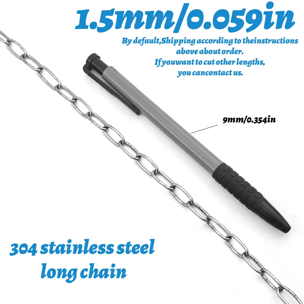 A silver stainless steel chain link pen shown on a white background with blue text indicating 1.5mm/0.
