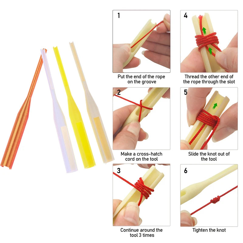 Instruction diagram showing how to tie a rope onto a wooden tool, with six numbered panels demonstrating steps and three colored wooden tool pieces on a white background.