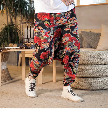 Men Harem Pants Print Retro Drop Crotch Joggers Trousers Men Baggy Loose Nepal Style Men Casual Pants M-5Xl