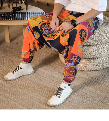 Men Harem Pants Print Retro Drop Crotch Joggers Trousers Men Baggy Loose Nepal Style Men Casual Pants M-5Xl