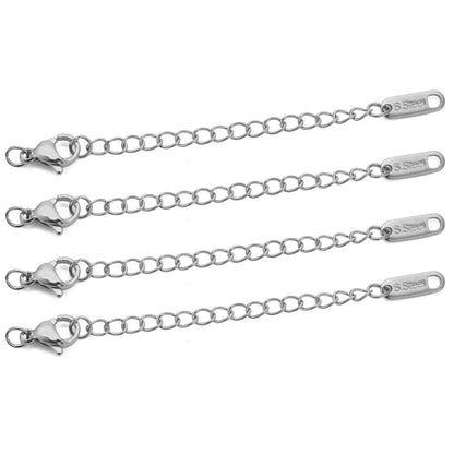 Set of four silver chain extensions with clasps on a white background