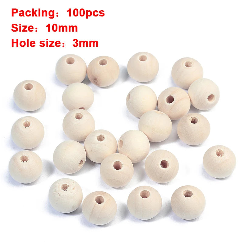 100 wooden beads with size 10mm and hole size 3mm on a white background