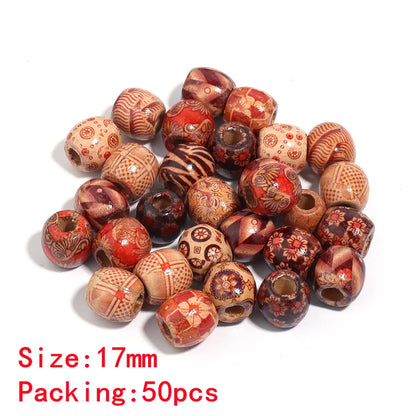 Assorted wooden beads with patterns on a white background, size 17mm, packing 50pcs.