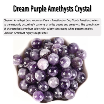 Purple amethyst crystals with text about Dream Purple Amethyst Crystal