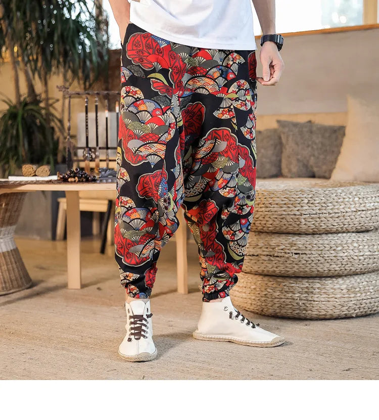 Men Harem Pants Print Retro Drop Crotch Joggers Trousers Men Baggy Loose Nepal Style Men Casual Pants M-5Xl