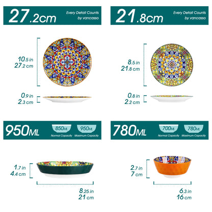 Boho Stoneware Dinnerware Set for 6 | Ceramic Plates & Bowls | 12, 16, 18 or 24 Pieces