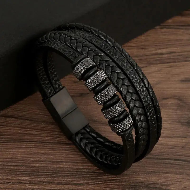 Men’s Multilayer Leather Bracelet | Handwoven Design with Magnetic Alloy Clasp