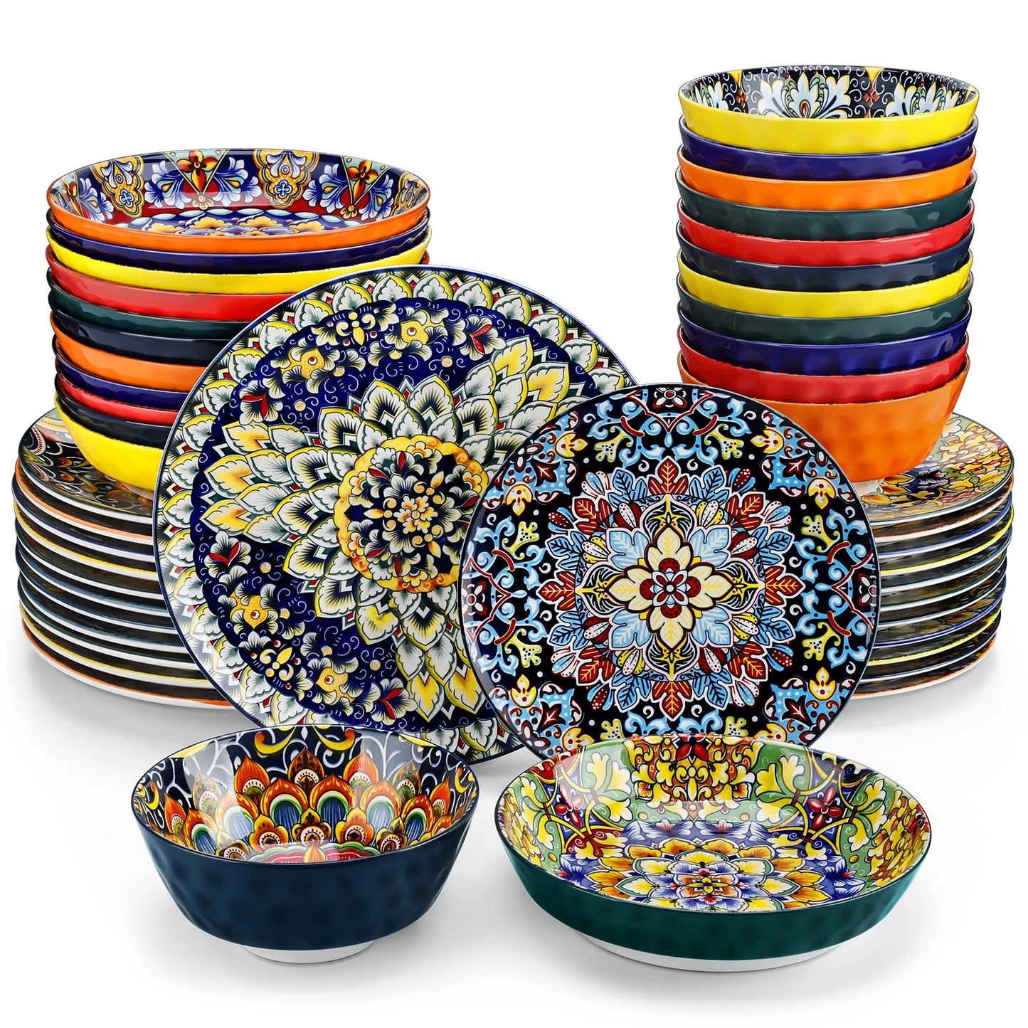 Boho Stoneware Dinnerware Set for 6 | Ceramic Plates & Bowls | 12, 16, 18 or 24 Pieces