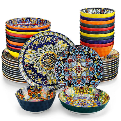 Boho Stoneware Dinnerware Set for 6 | Ceramic Plates & Bowls | 12, 16, 18 or 24 Pieces
