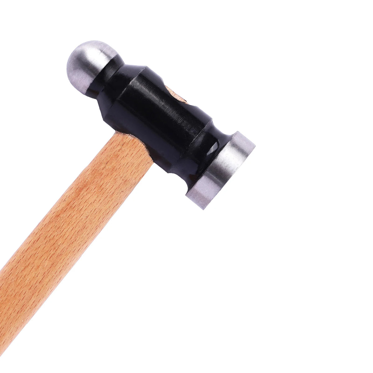 Jewelry hammer with wooden handle and metal head on a white background