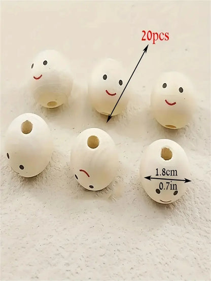 Smiley Face Wooden Beads | 20-Piece Round Expression Beads | DIY Jewelry Making, Bracelets, Necklaces & Craft Supplies