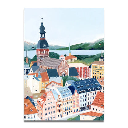 Santorini Lisbon Canvas Wall Art Print Poster Lake Como Central Park Decorative Painting Travel Mural Home Decor Gift Unframed