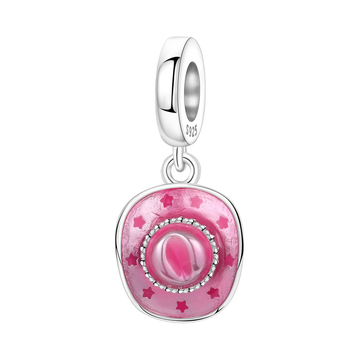 Silver charm with pink enamel and star details on a white background