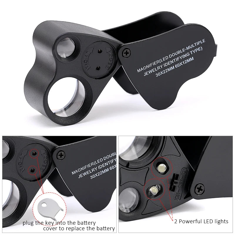 Black jewelry magnifier with detailed text on a white background