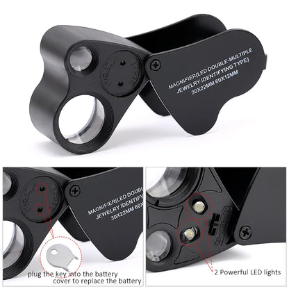 Black jewelry magnifier with detailed text on a white background
