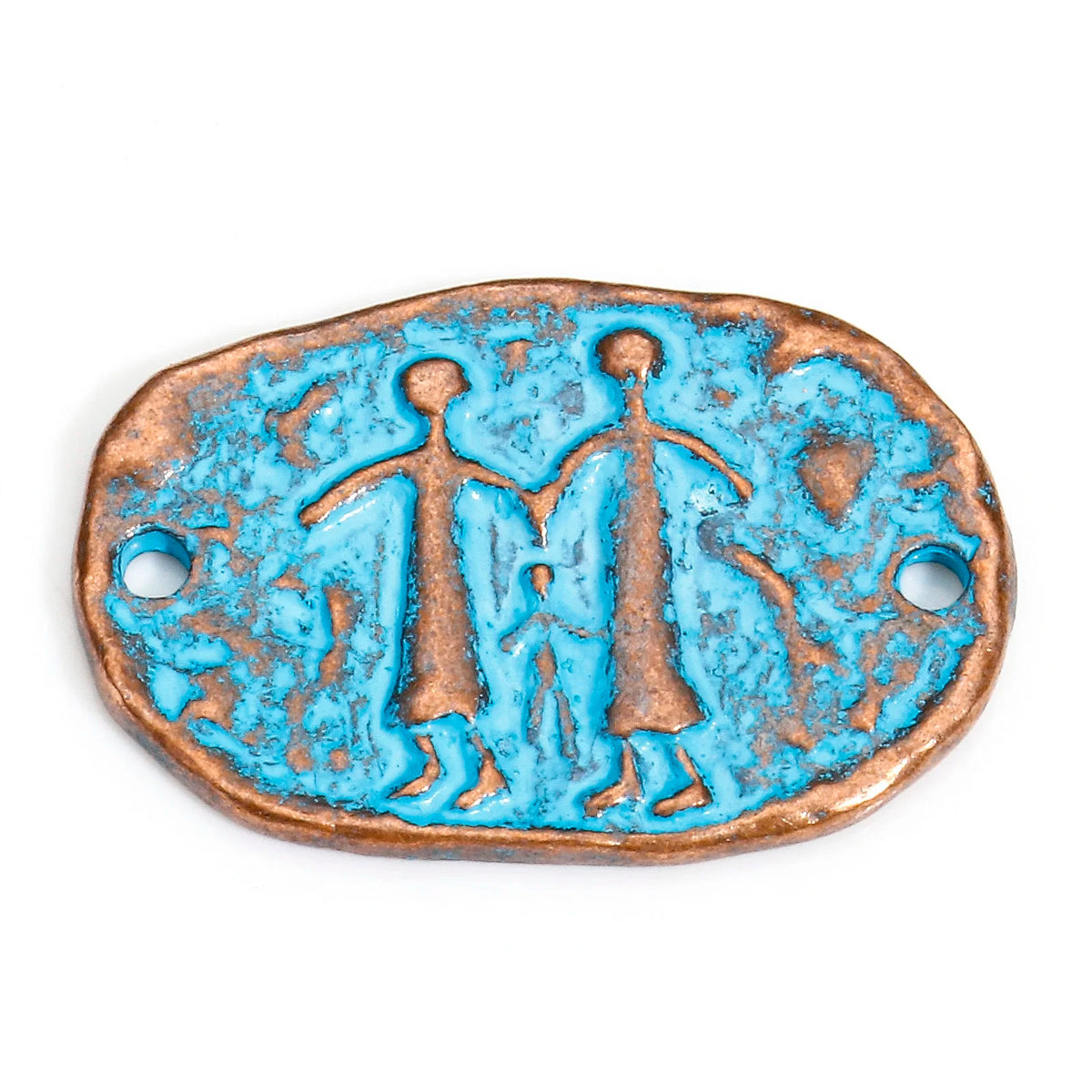 An antique-style copper pendant featuring a turquoise blue patina with an embossed family of three figure design, set against a plain white background.