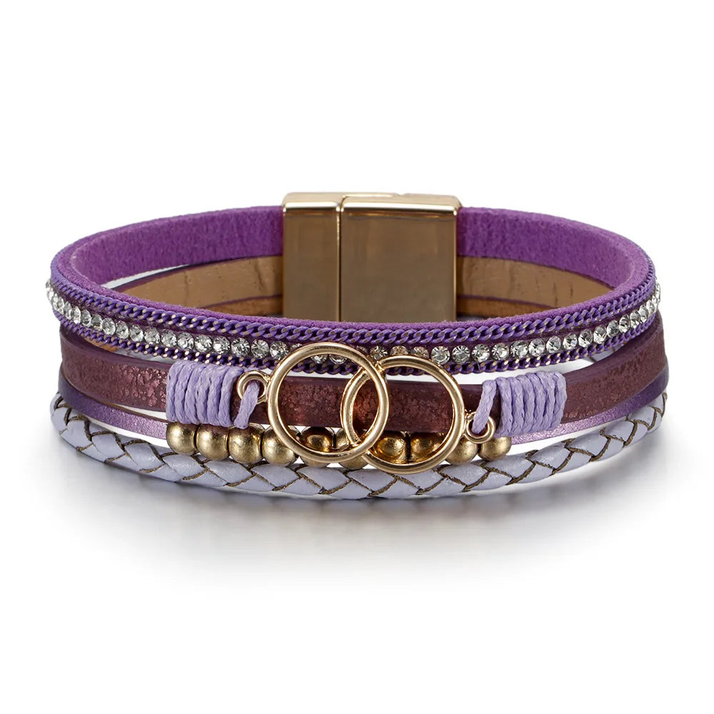 Women's Multilayer Leather Bracelet | Boho Woven Wrap Bracelet | Gold Tone Magnetic Clasp