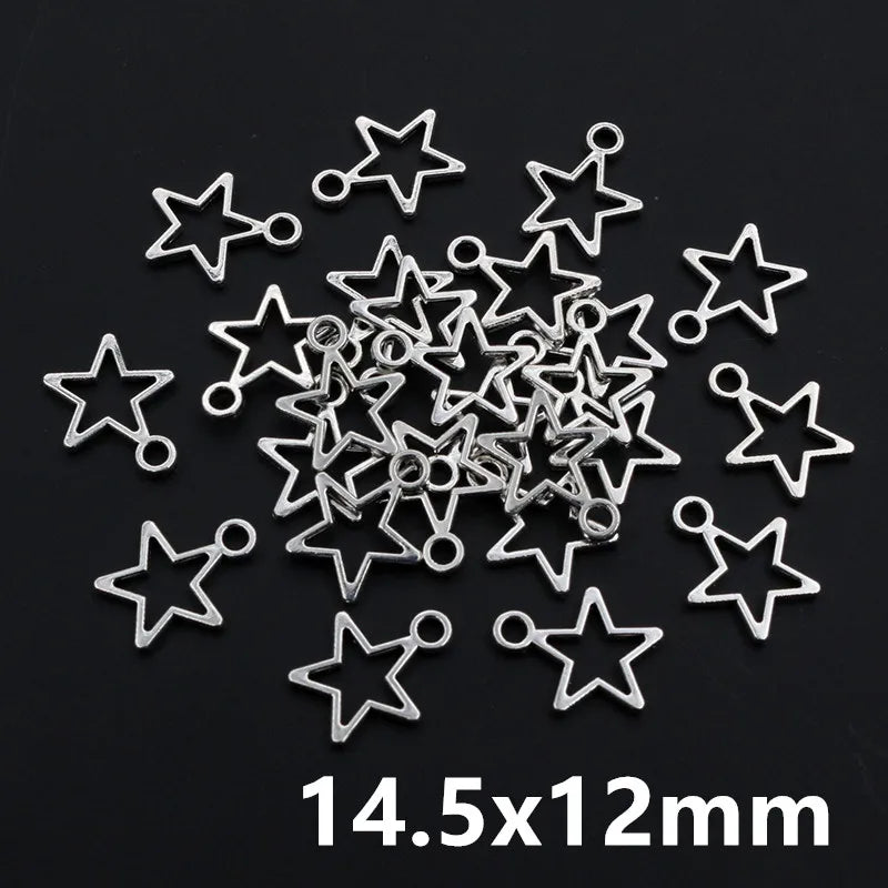 Star-shaped metal charms on a black background with size 14.5x12mm displayed.