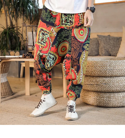 Men Harem Pants Print Retro Drop Crotch Joggers Trousers Men Baggy Loose Nepal Style Men Casual Pants M-5Xl