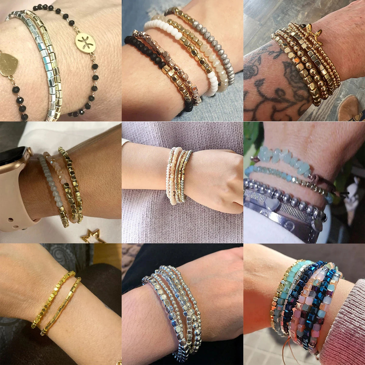 Collage of various bracelets on wrists with different styles and colors.