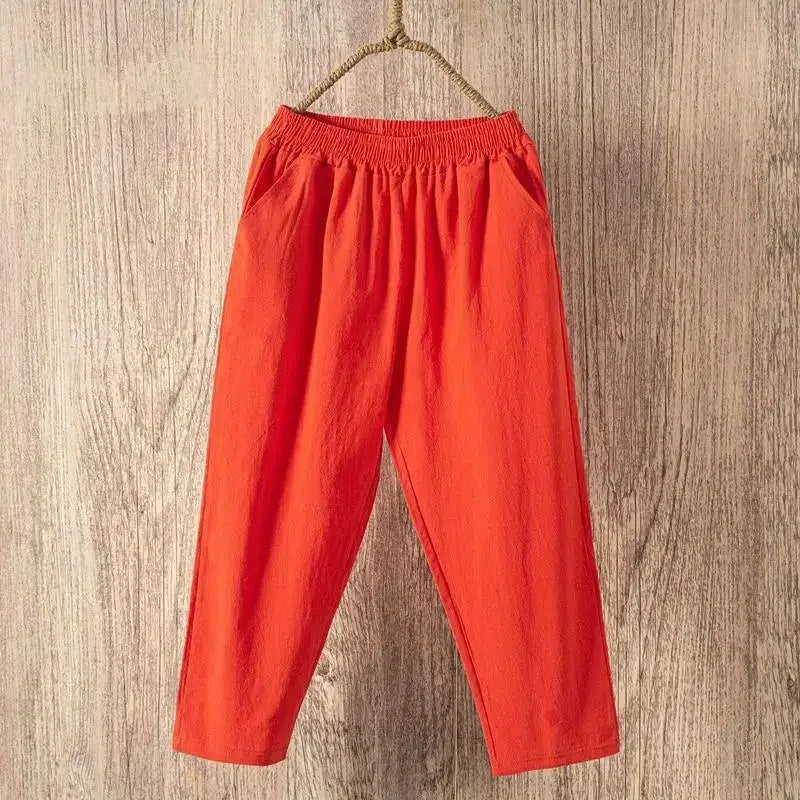 Women Casual Loose Harem Elastic Waist Cotton Linen Pants Ninth Trousers