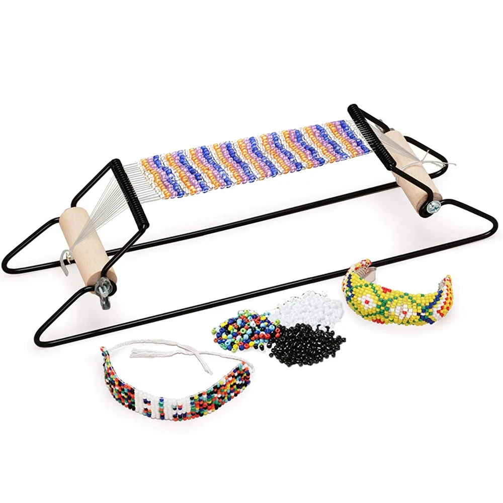 Bead loom with colorful beads and completed beaded items on a white background