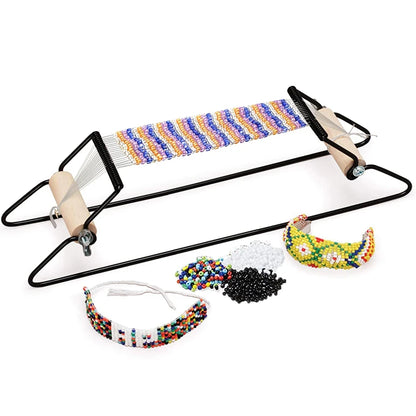 Bead loom with colorful beads and completed beaded items on a white background