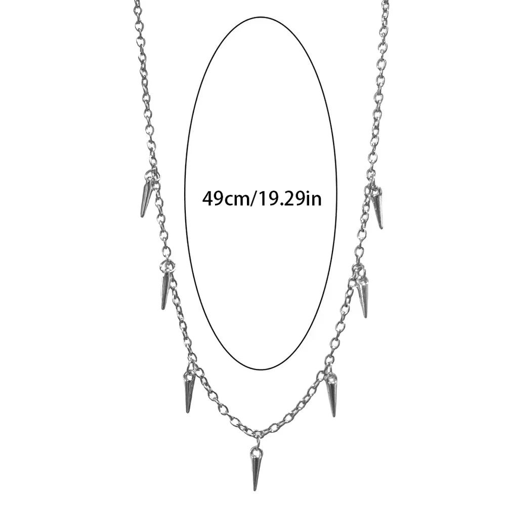 Necklace with spike charms and measurement details on a white background