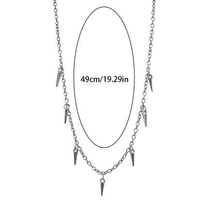 Necklace with spike charms and measurement details on a white background