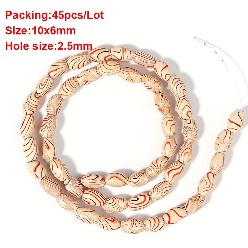 Marbled patterned beads on a white background with text detailing packaging, size, and hole size.