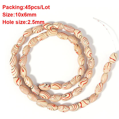 Marbled patterned beads on a white background with text detailing packaging, size, and hole size.