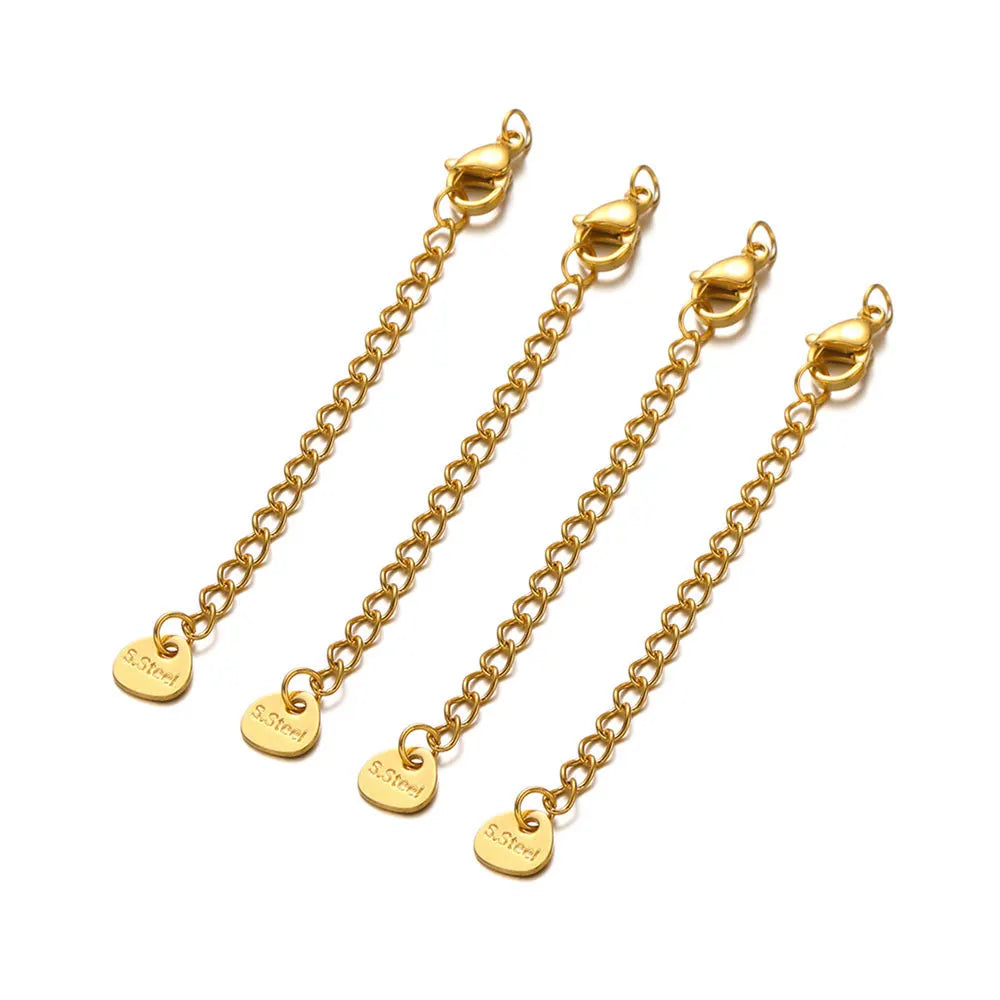 Three gold chain extensions with heart-shaped pendants on a white background