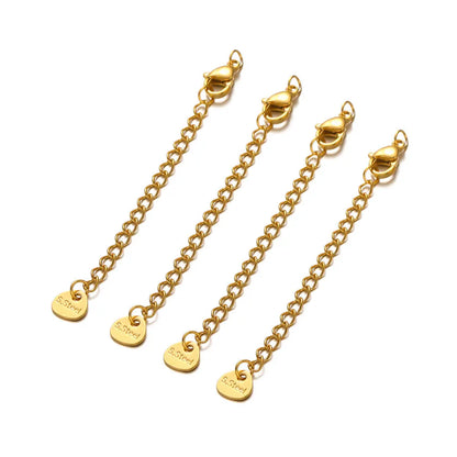 Three gold chain extensions with heart-shaped pendants on a white background