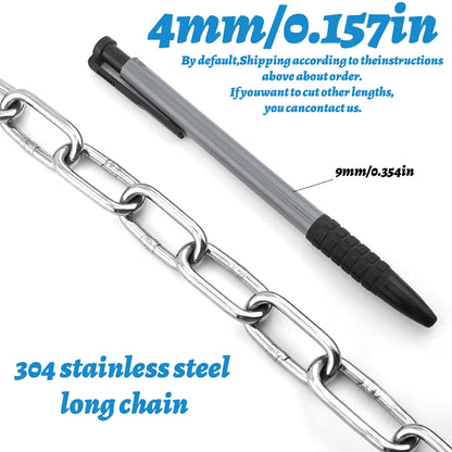 A silver stainless steel chain link bar shown diagonally across a white background, with blue text indicating 4mm/0.157in and 9mm/0.