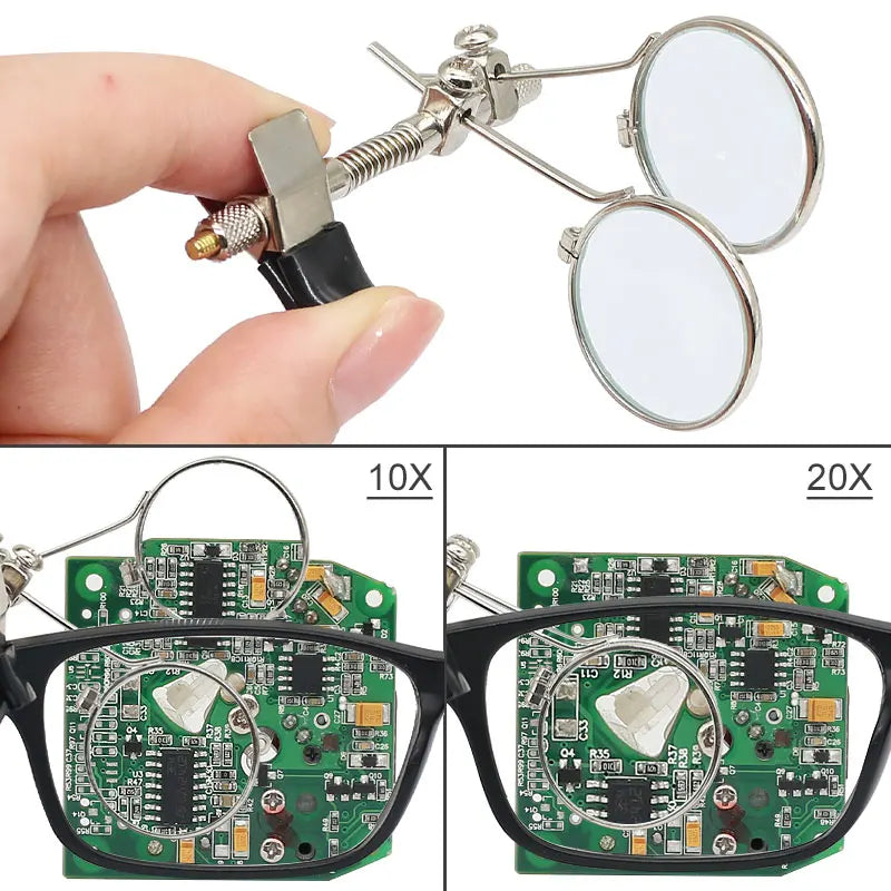 Magnifying glass with 10x and 20x magnification, held by a hand, and used to inspect a circuit board.