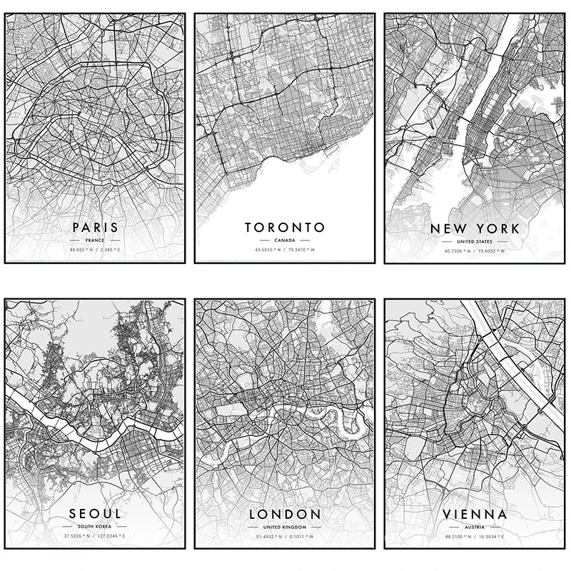 City Map Artwork Poster Paris New York Canvas Painting HD Printed Black and White Map Wall Art Picture Living Room Home Decor