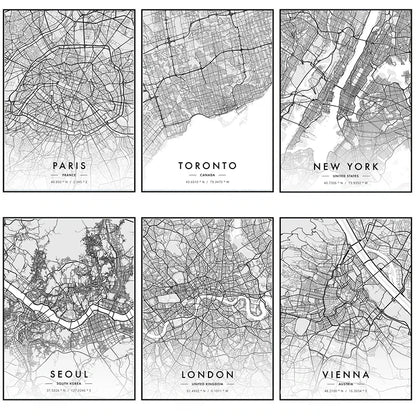 City Map Artwork Poster Paris New York Canvas Painting HD Printed Black and White Map Wall Art Picture Living Room Home Decor