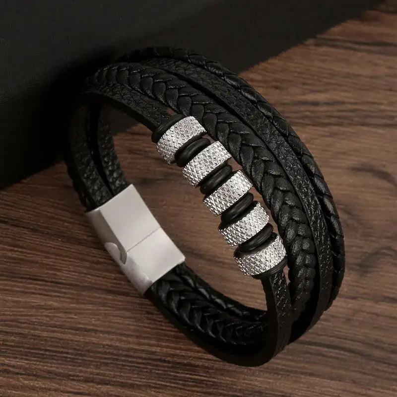Men’s Multilayer Leather Bracelet | Handwoven Design with Magnetic Alloy Clasp