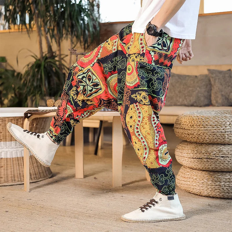 Men Harem Pants Print Retro Drop Crotch Joggers Trousers Men Baggy Loose Nepal Style Men Casual Pants M-5Xl