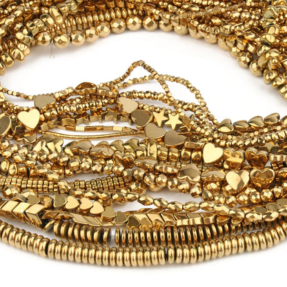 Multiple gold necklaces with various designs on a white background