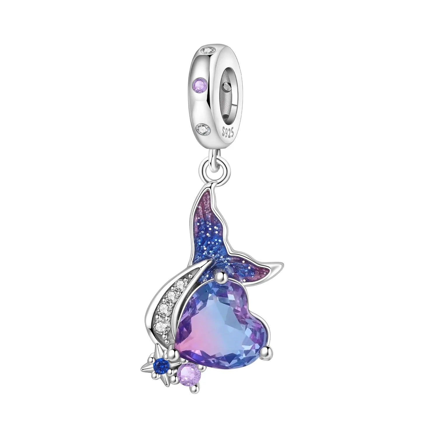 Jewelry charm with purple heart and whale fin blue accents on a white background