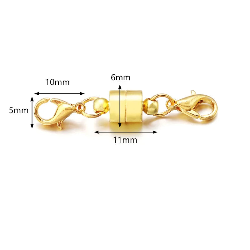 Gold jewelry clasp with measurements on a white background
