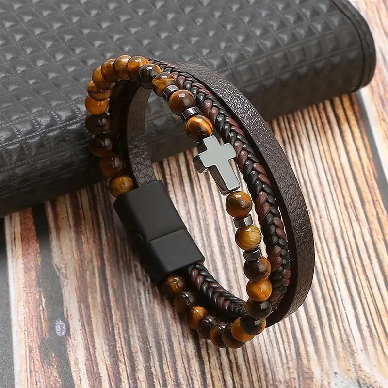 Men’s Multilayer Leather Bracelet | Handwoven Design with Magnetic Alloy Clasp