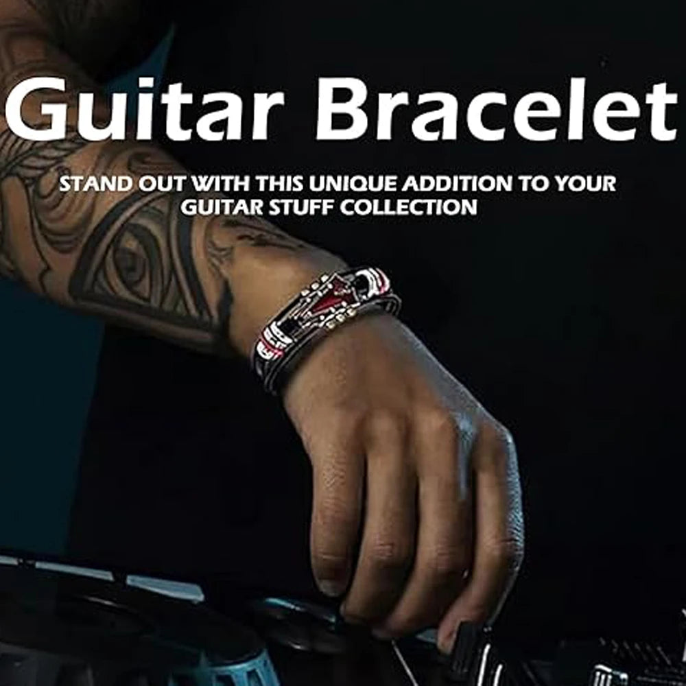 Hand wearing a guitar bracelet with text about standing out with guitar stuff collection.